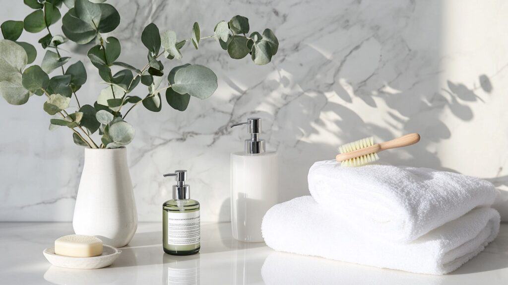 A bathroom counter with self care items to help with habits and routines for women