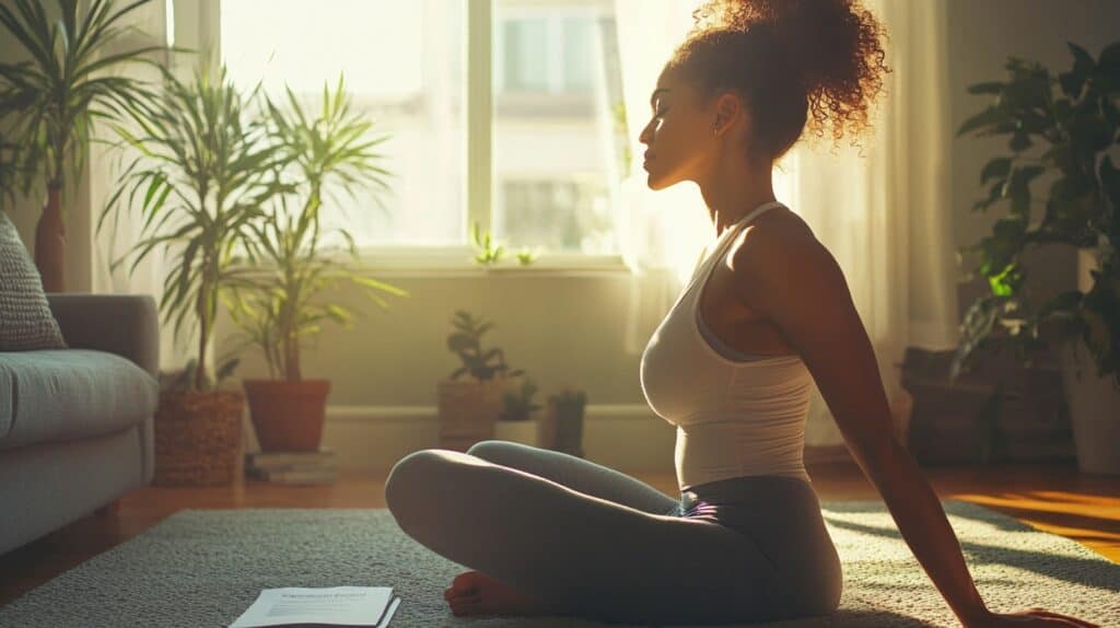 A woman stretches as part of her daily routine for productivity