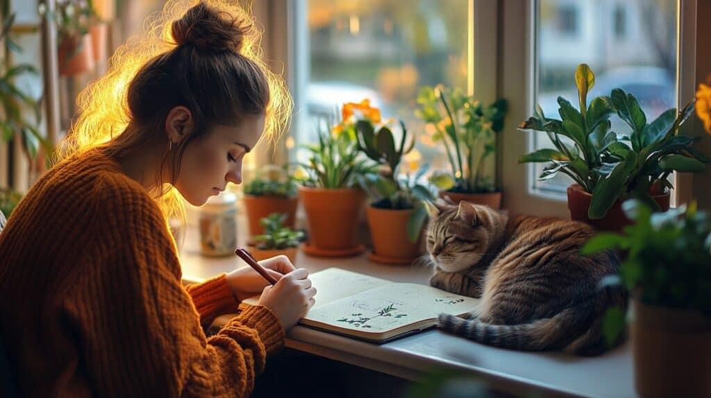 a woman works in an art journal while sitting at a window seat with her cat. This is one of the mindfulness exercises for busy women.