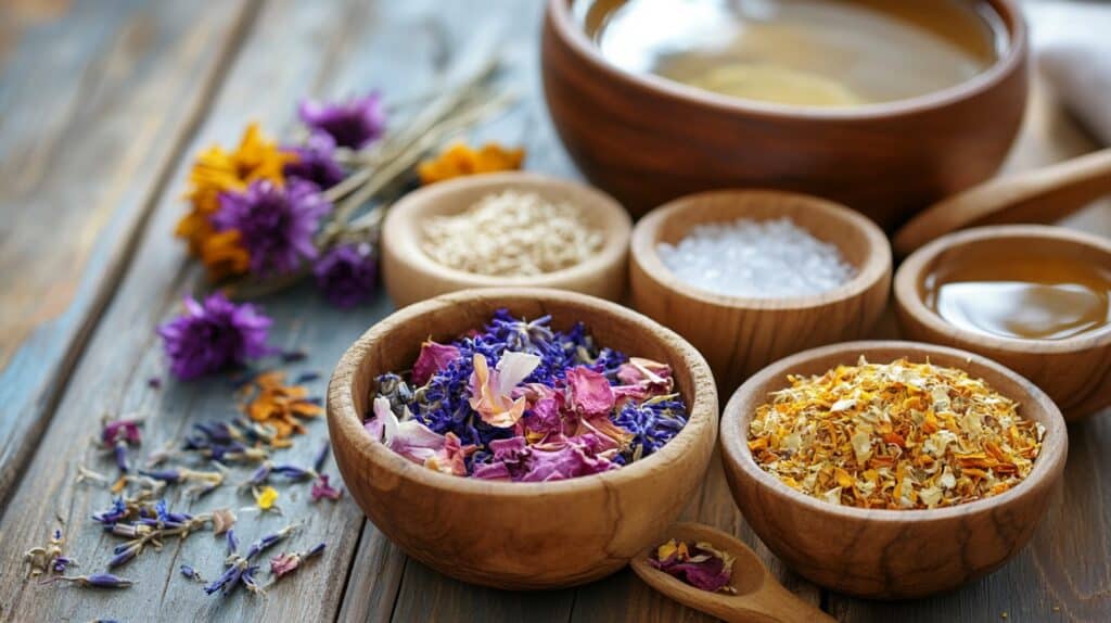 Spa treatment ingredients in wooden bowls. Wellness tips for busy women