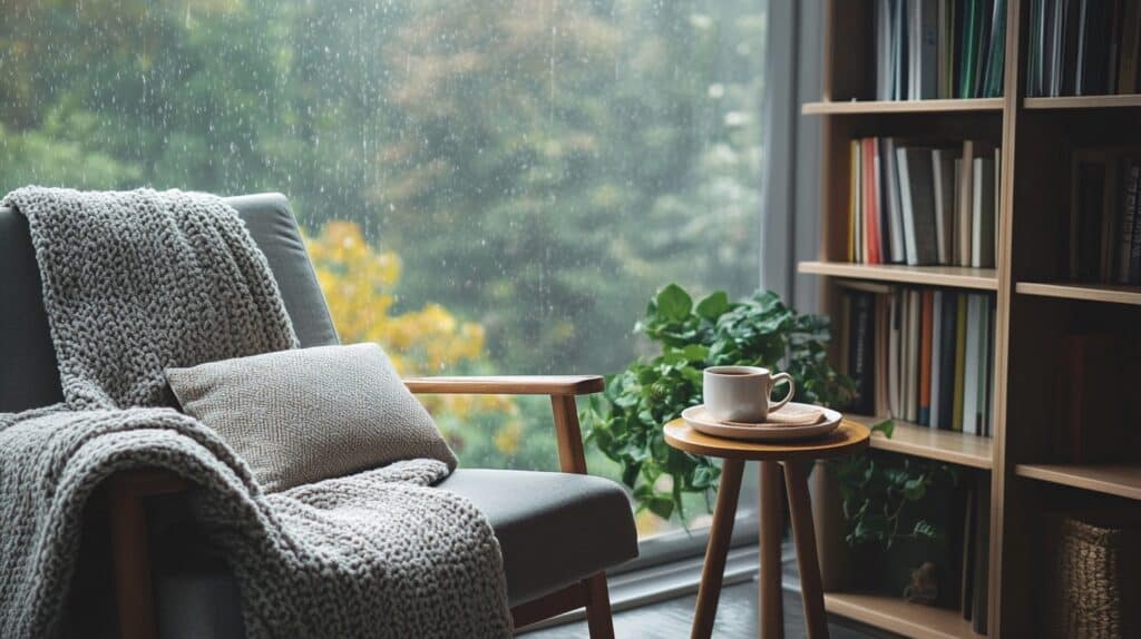 A cozy chair in a library. A great place for personal development for busy women