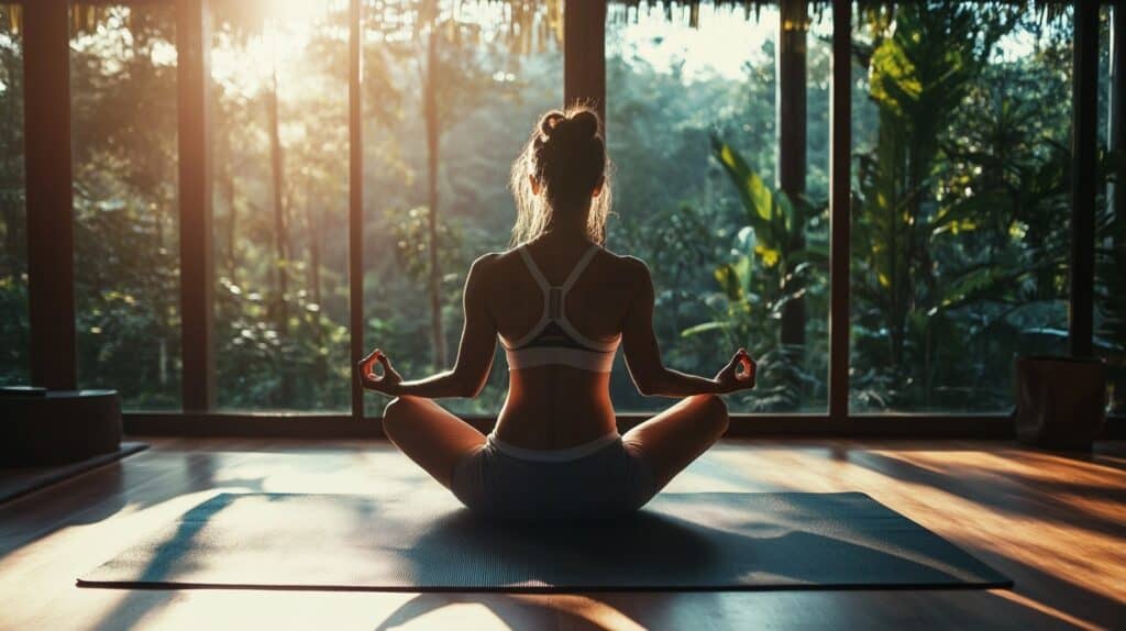 a woman meditates at sunset in her home gym. This is part of her evening routine