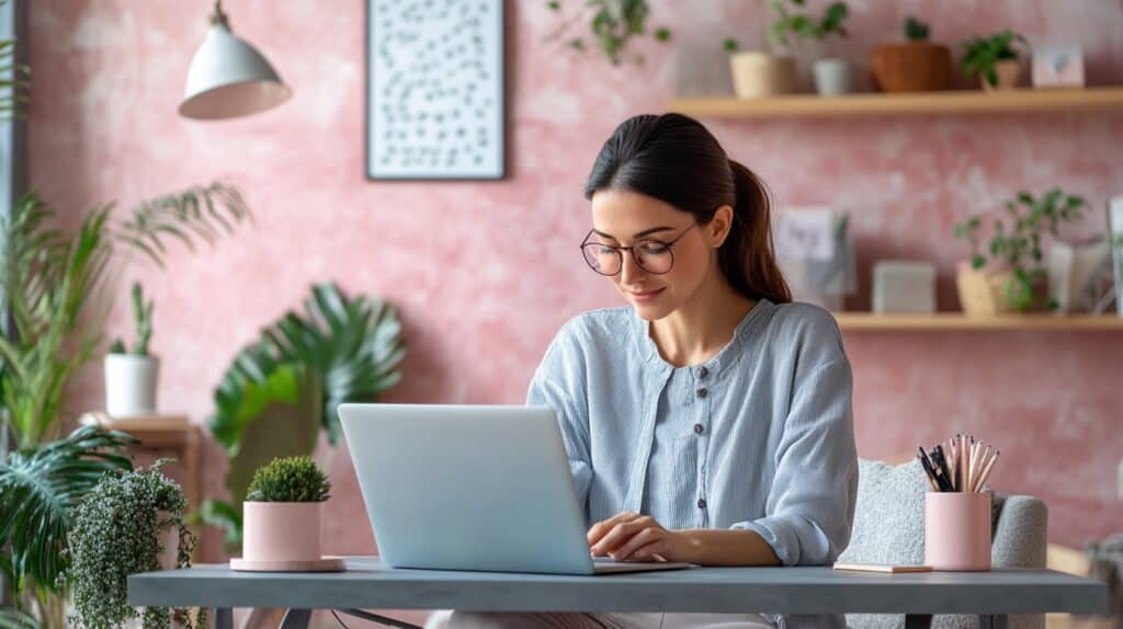 A woman sits at her compute in her pretty home office. Working on habits of successful people