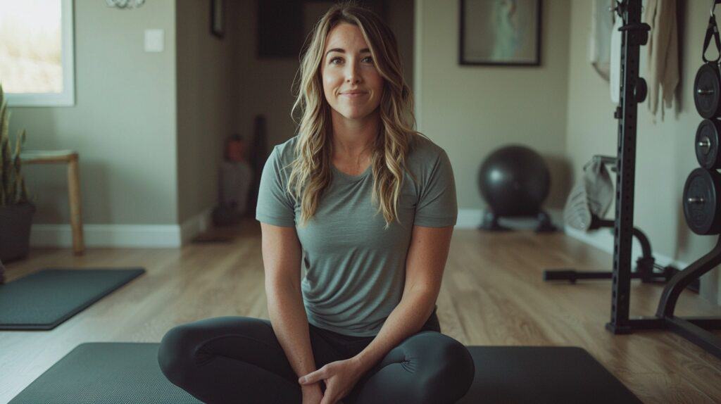A woman sits on a yoga mat in a home gym. She knows the importance of strength training for busy moms.