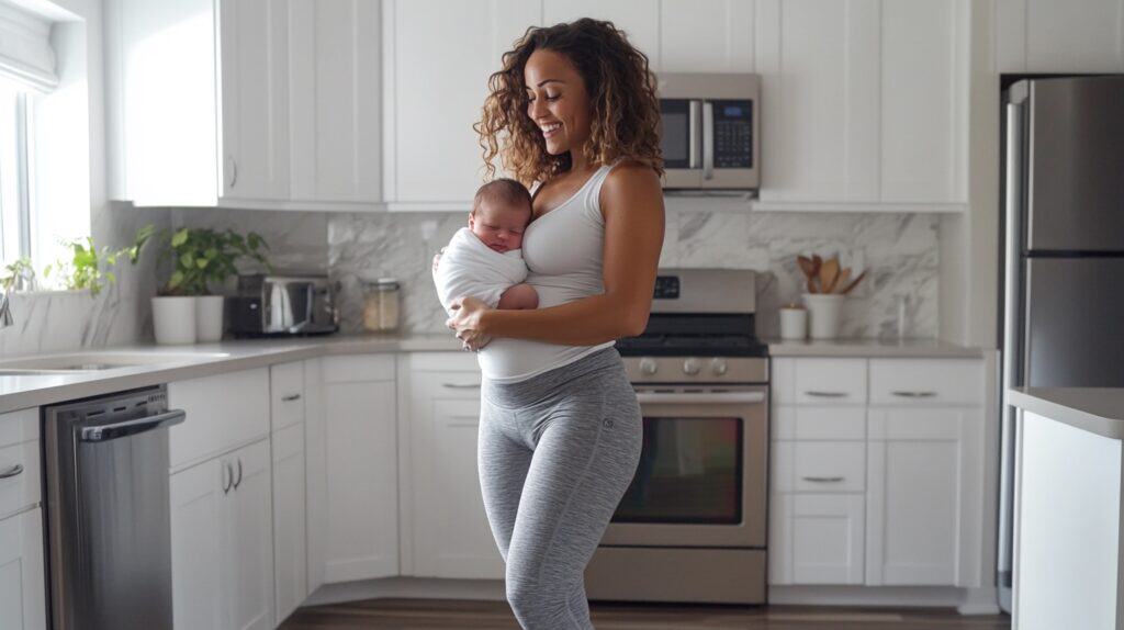 A new mom holds her baby in the kitchen. She's interested in postpartum workout routines