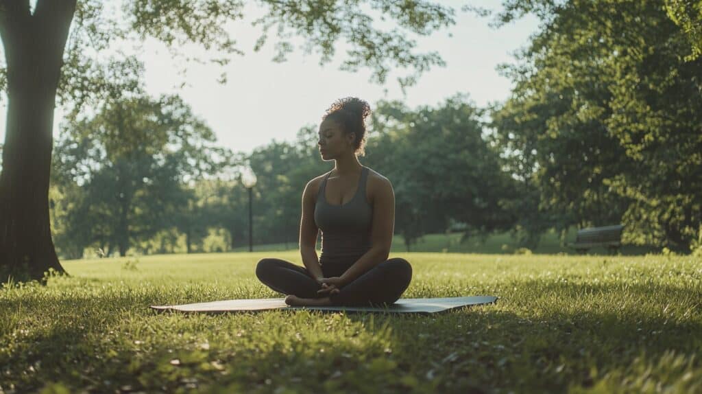 A woman sits on a yoga mat at the park. This is one of the outdoor workouts for moms