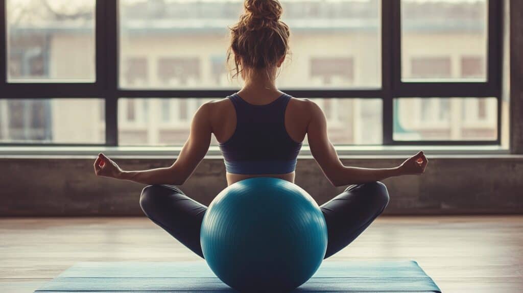 A woman sits in front of a yoga ball. workout videos for moms
