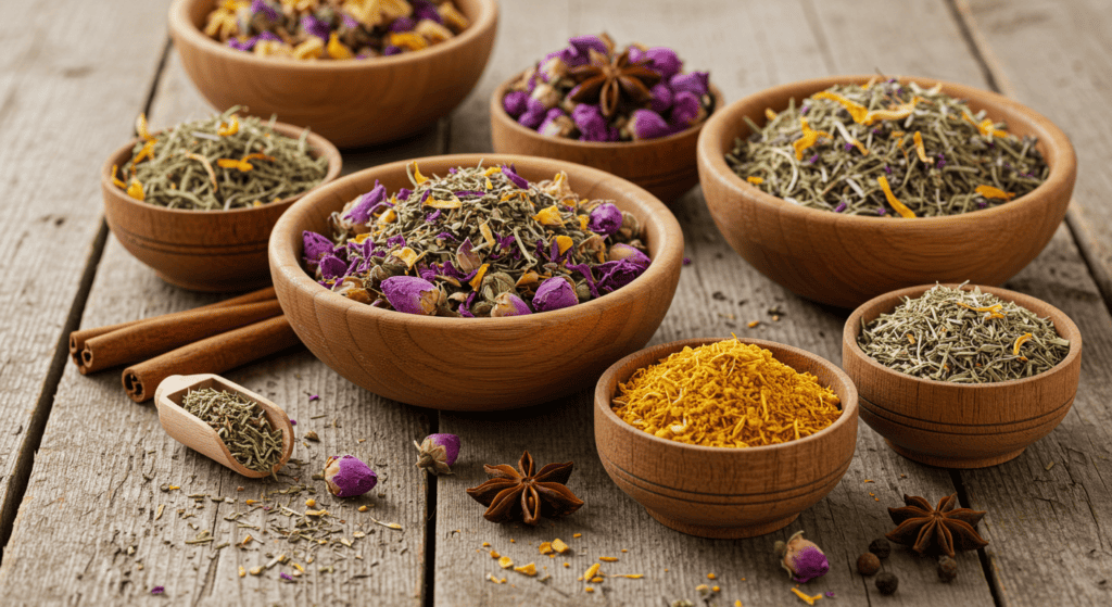Herbs in wooden bowls. Caffeine alternatives for energy.
