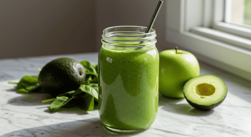 A green smoothie on a countertop with apples and avocados to help balance energy and stress.