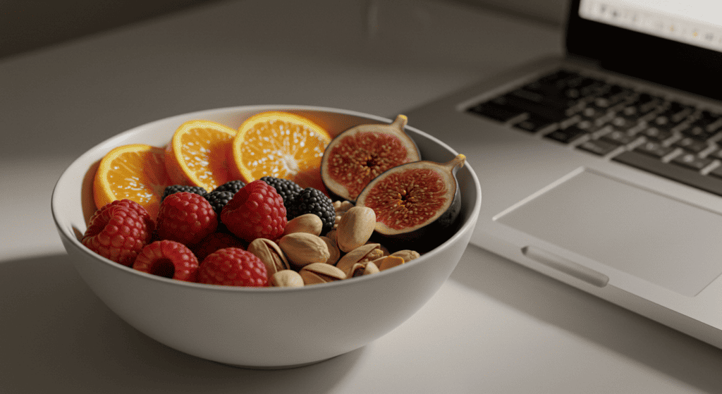 A healthy snack of fruit and nuts to combat afternoon slump.