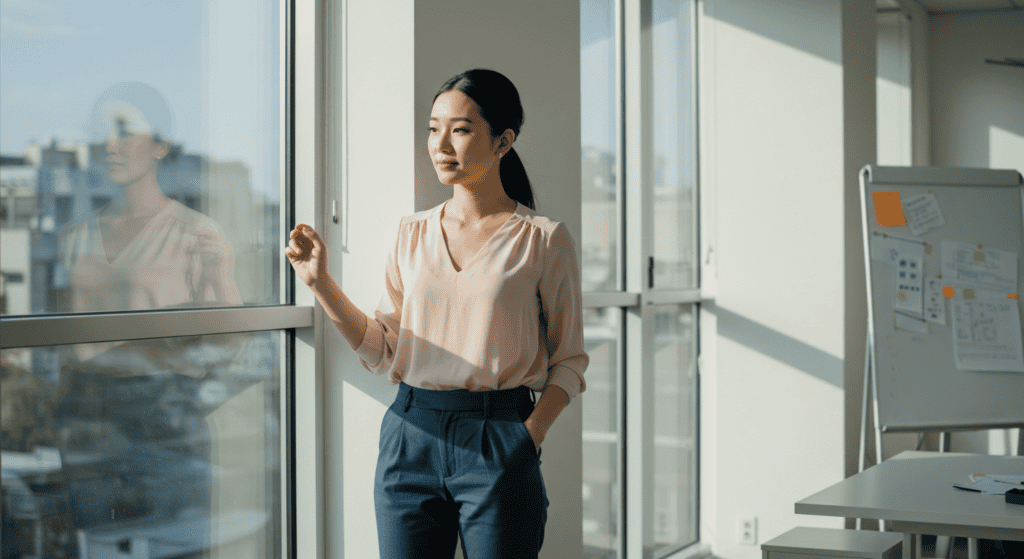 A woman stands near the window in her office. energy-draining habits