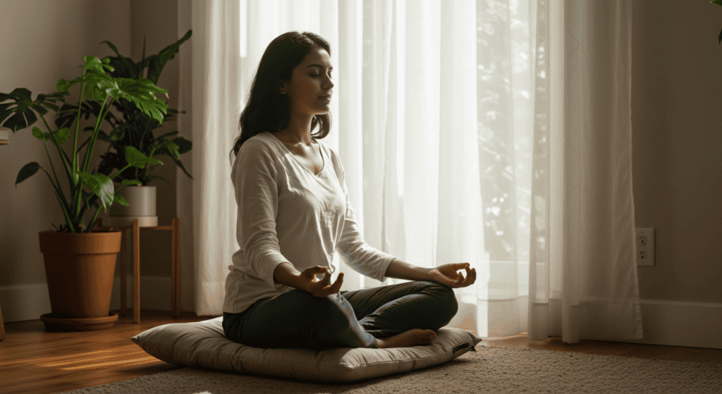 A woman does meditation on a mat in front of a window. energy boosting activities