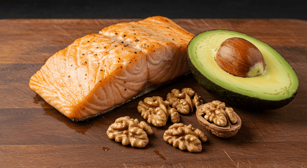 Salmon, avocado and walnuts on a cutting board. stress relief foods