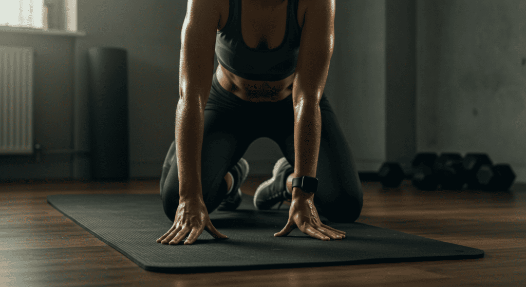 A woman finishes her exercise routine. SHe's following one of the stress management tips
