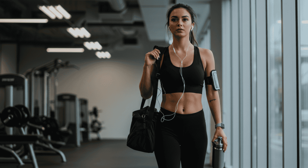 A woman walks into the gym wearing black shirt and leggings. What to wear to the gym is important.