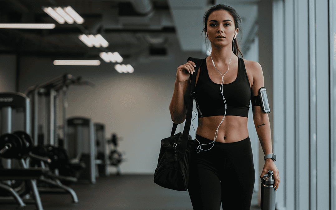 fit woman wearing black sports bra walking through the gym