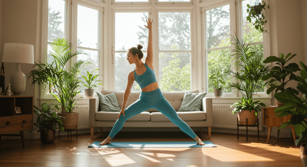 A woman does yoga in her living room. at-home workouts for women