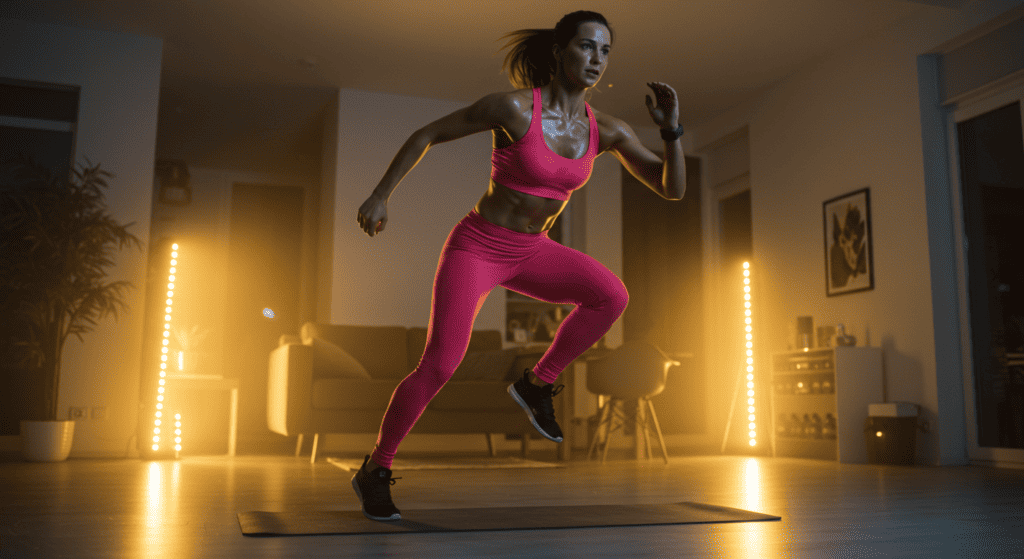 A woman workouts out in her living. room. at-home cardio workouts for women