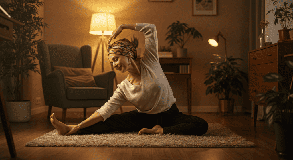 a woman workouts out in her living. This is at-home workouts for women without equipment.