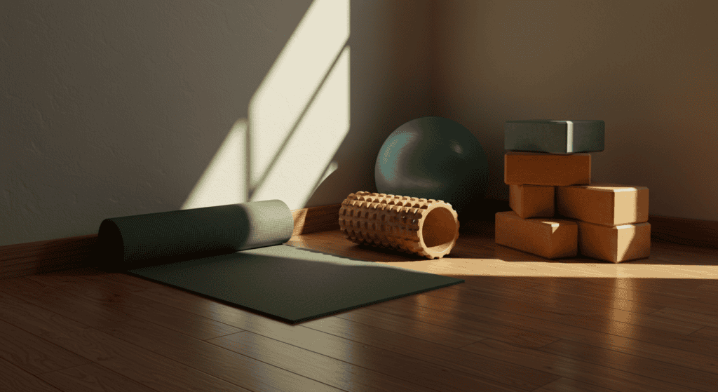 Yoga gear in the corner of a room. at-home yoga workouts for women