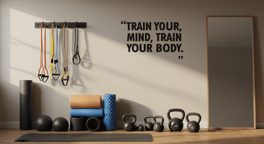 HOme gym with weights and resistance bands. at-home hiit workouts for women