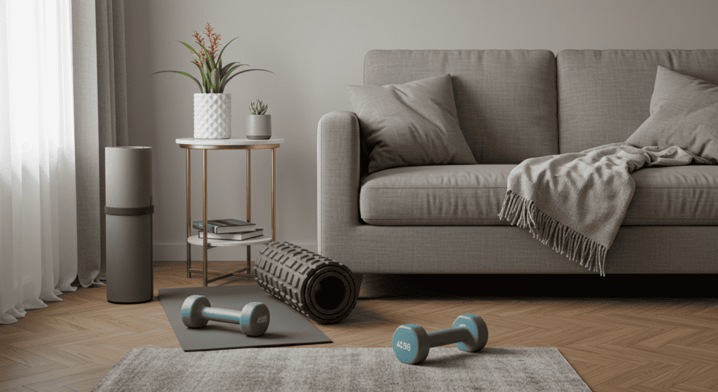 A workout zone in a woman's home. quick at-home workouts for women