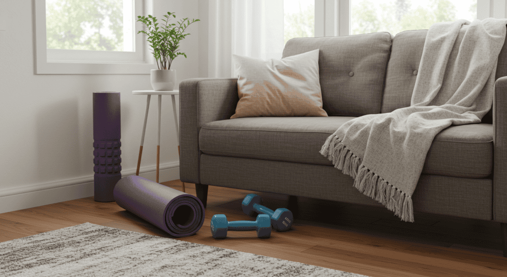 An exercise corner in a living room. It's ready for beginner at home workouts for women
