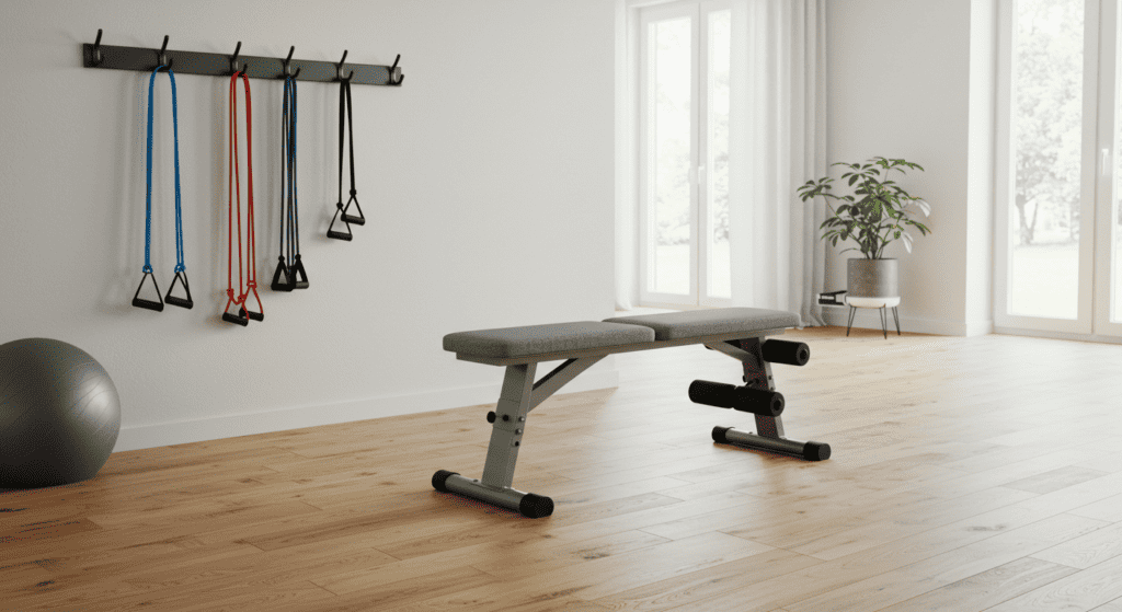 A minimalist home gym with weights and resistance bands. at home strength training for women