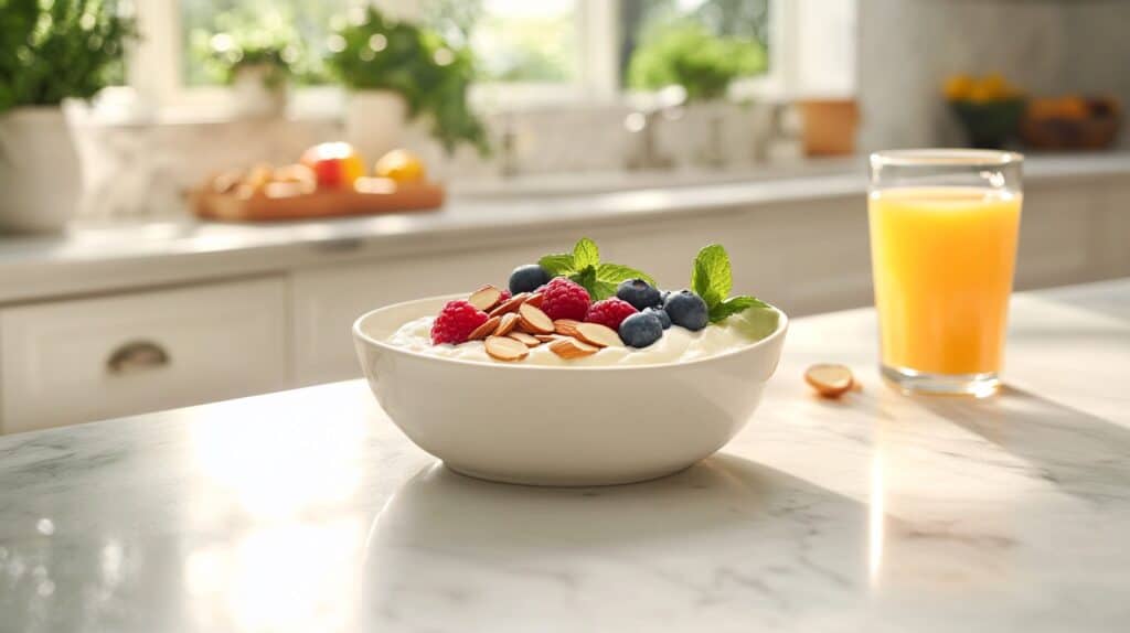 greek yogurt and fruit and nuts. healthy breakfast ideas for weight loss. 