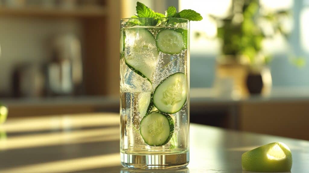 a glass of water with cucumber slices. ways to drink more water