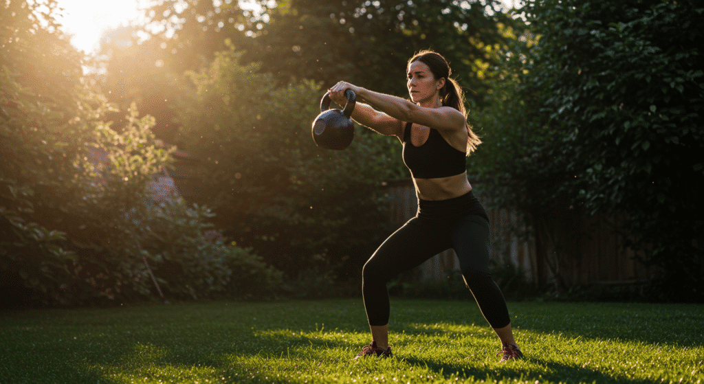 a woman works out with her kettlebell in the backyard. kettlebell exercise