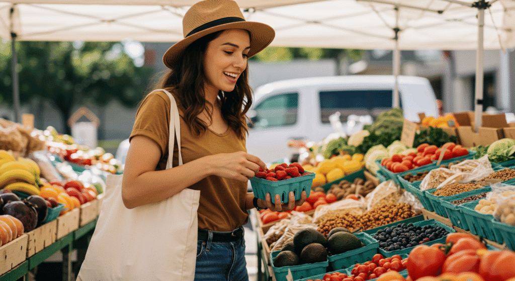 a woman shops at a farmers market for calorie deficit foods