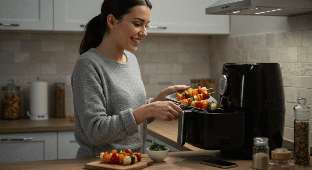 A woman makes chicken and veg skewers in the air fryer. low calorie air fryer recipes