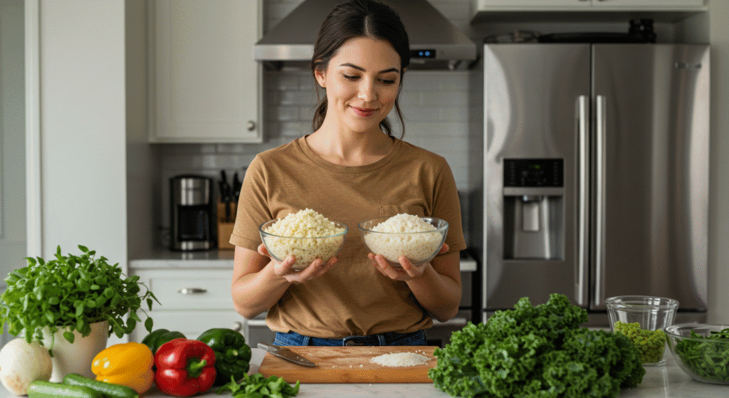 A woman compares cauliflower rice and regular rice.food swaps for weight loss. 