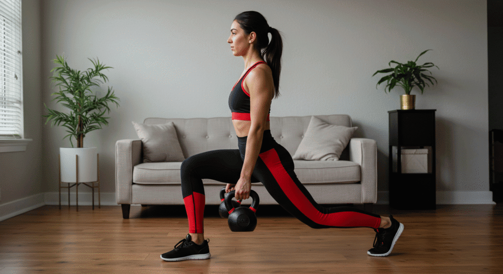 A woman exercises with kettlebells in her home gym. SHe is into fitness. 