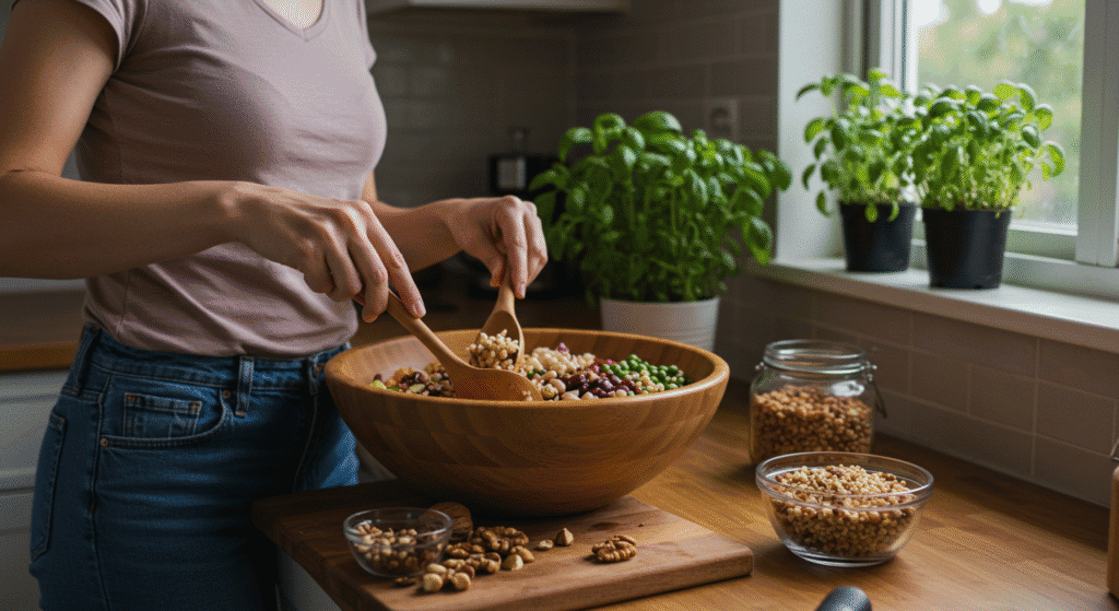 a woman prepares a big salad. healthy food habits