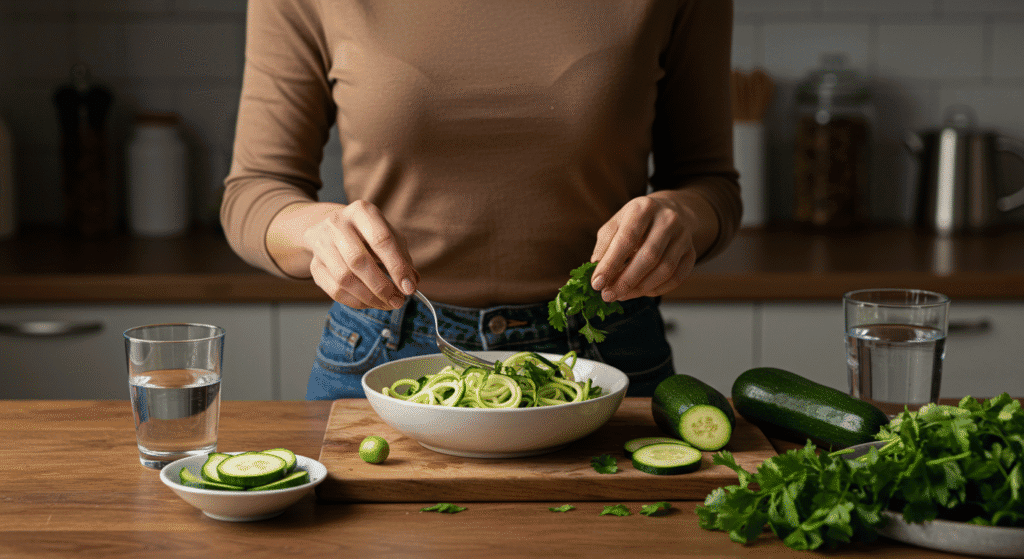 A woman makes zucchini noodles. low calorie dinners