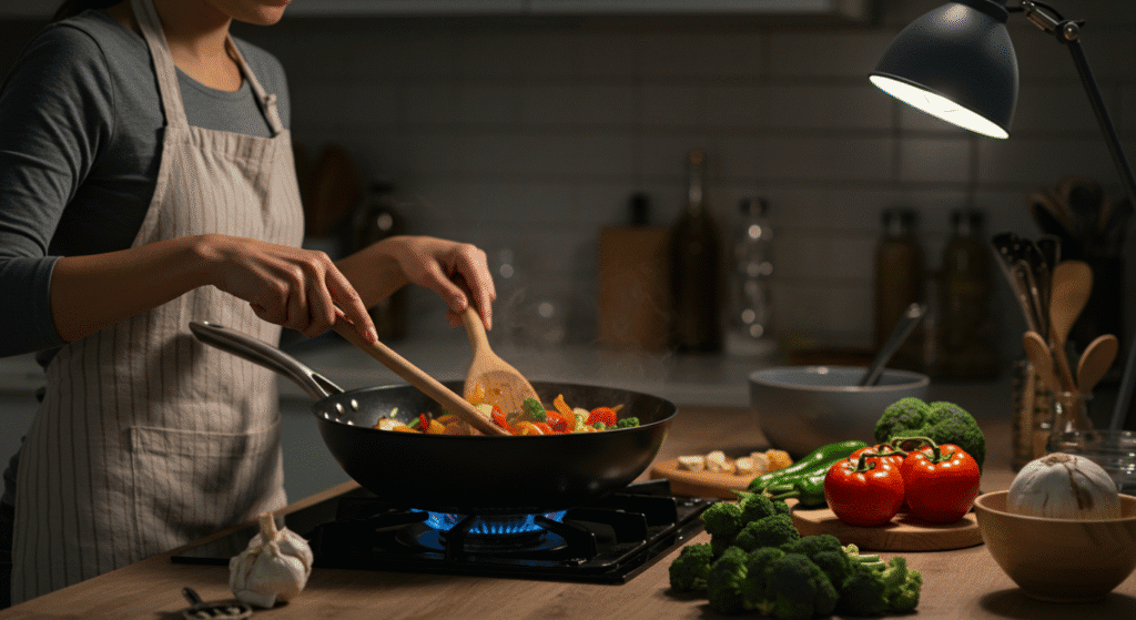 A woman making a stir fry as one of the a quick meals for weight loss